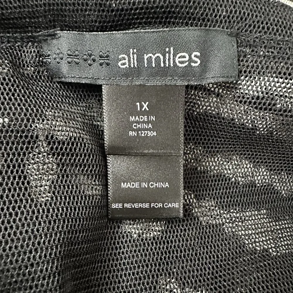 Ali Miles Top Shirt Tunic Womens 1X 1XL Black Mesh‎ Stripe back Buttons Art - Picture 7 of 12